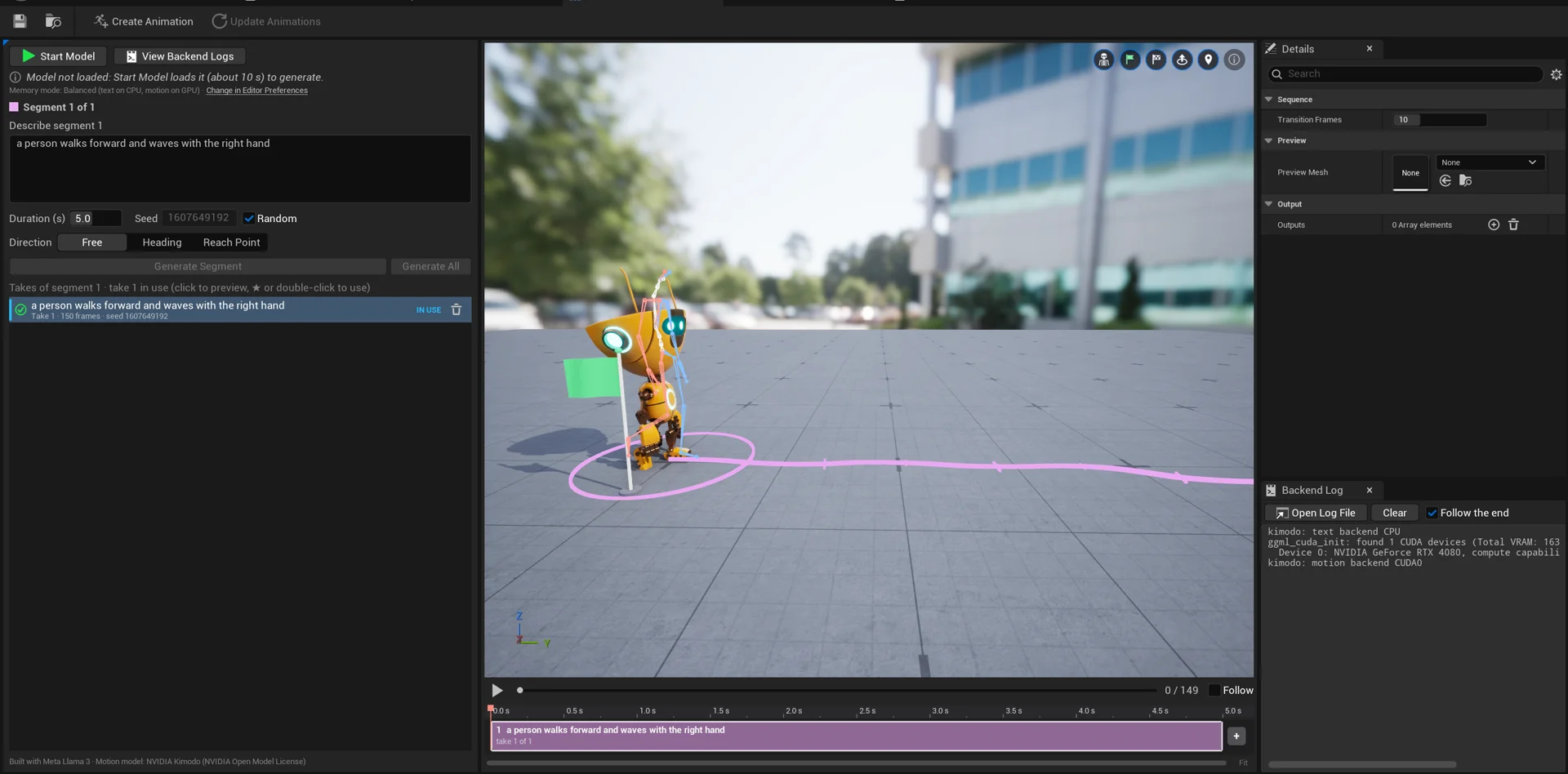 Clip editor: segment inspector and takes on the left, viewport with the root trajectory and the direction ring, timeline below, Details and Backend Log on the right