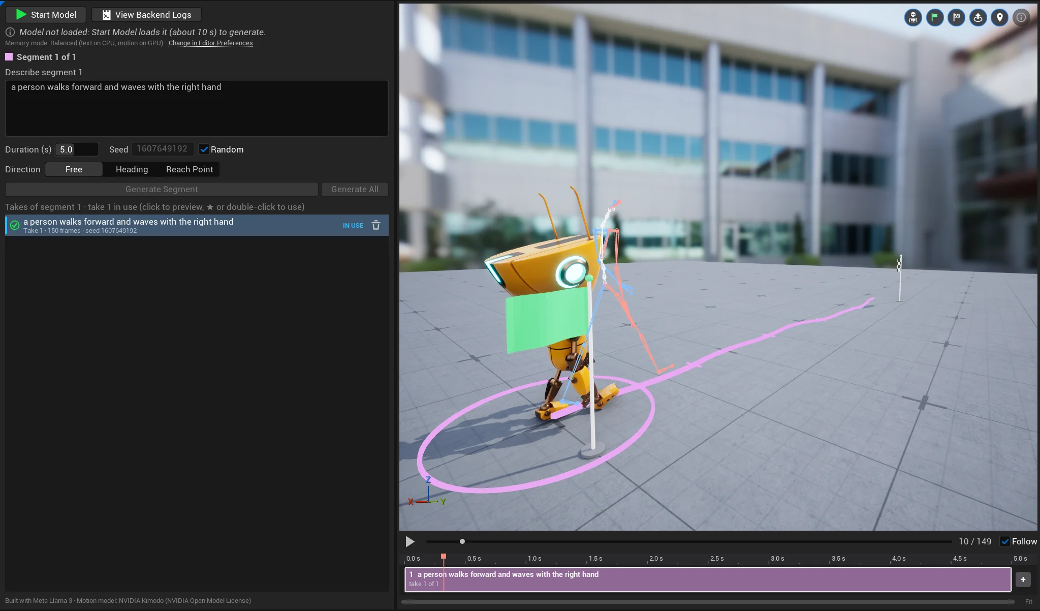 Segment inspector with the Direction modes and the viewport handles